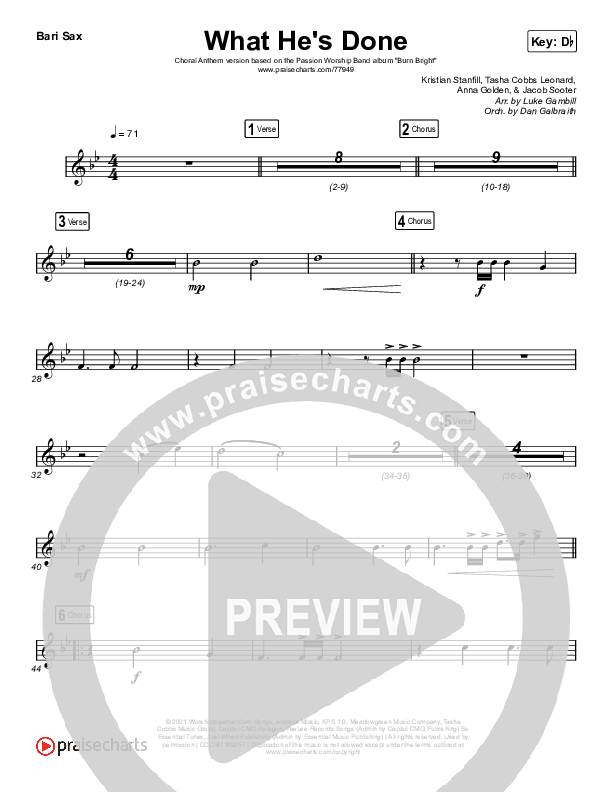 What He's Done (Choral Anthem SATB) Bari Sax (Passion / Kristian Stanfill / Tasha Cobbs Leonard / Anna Golden / Arr. Luke Gambill)