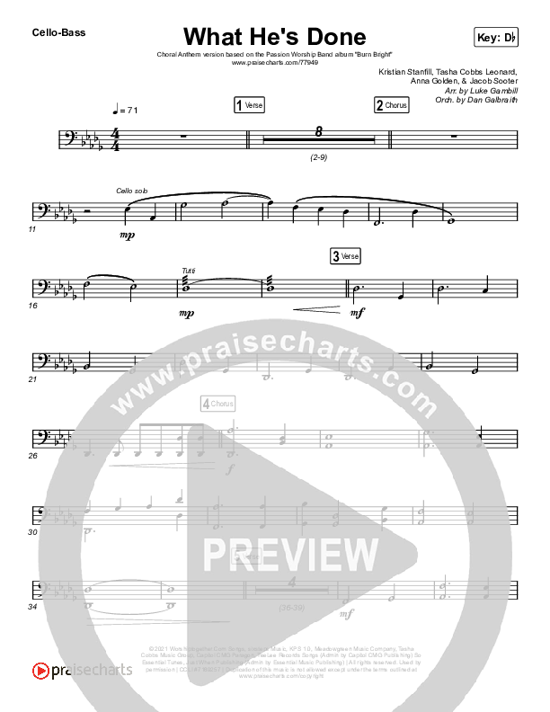 What He's Done (Choral Anthem SATB) Cello/Bass (Passion / Kristian Stanfill / Tasha Cobbs Leonard / Anna Golden / Arr. Luke Gambill)