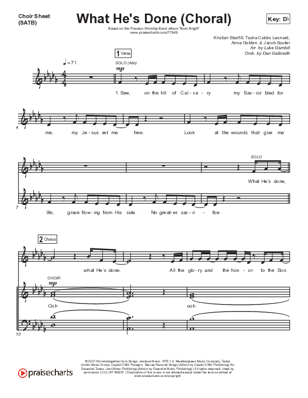 What He's Done (Choral Anthem SATB) Choir Sheet (SATB) (Passion / Kristian Stanfill / Tasha Cobbs Leonard / Anna Golden / Arr. Luke Gambill)