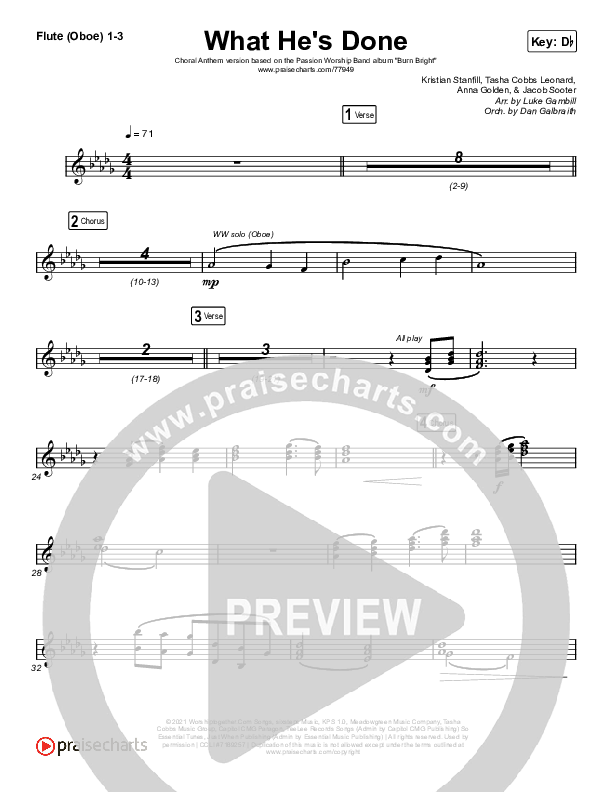 What He's Done (Choral Anthem SATB) Flute/Oboe 1/2/3 (Passion / Kristian Stanfill / Tasha Cobbs Leonard / Anna Golden / Arr. Luke Gambill)