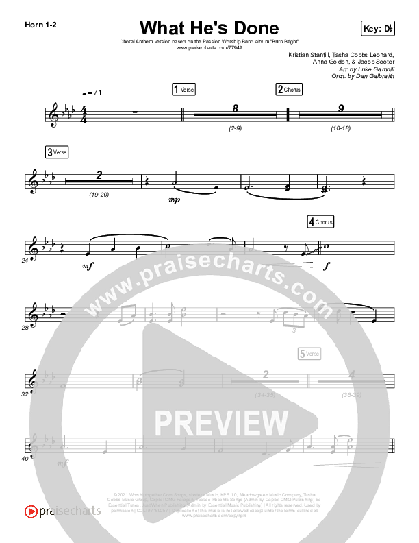 What He's Done (Choral Anthem SATB) Brass Pack (Passion / Kristian Stanfill / Tasha Cobbs Leonard / Anna Golden / Arr. Luke Gambill)