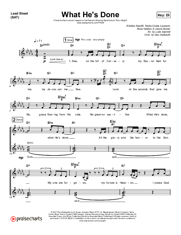 What He's Done (Choral Anthem SATB) Lead Sheet (SAT) (Passion / Kristian Stanfill / Tasha Cobbs Leonard / Anna Golden / Arr. Luke Gambill)