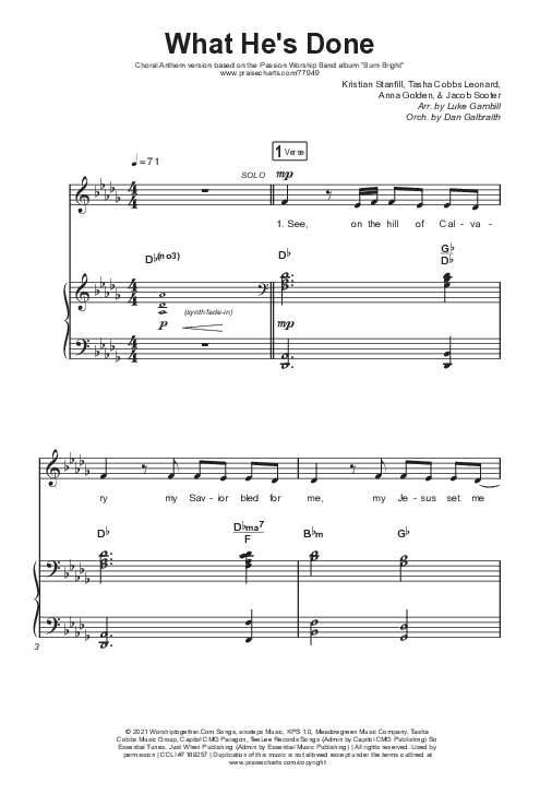 What He's Done (Choral Anthem SATB) Octavo (SATB & Pno) (Passion / Kristian Stanfill / Tasha Cobbs Leonard / Anna Golden / Arr. Luke Gambill)