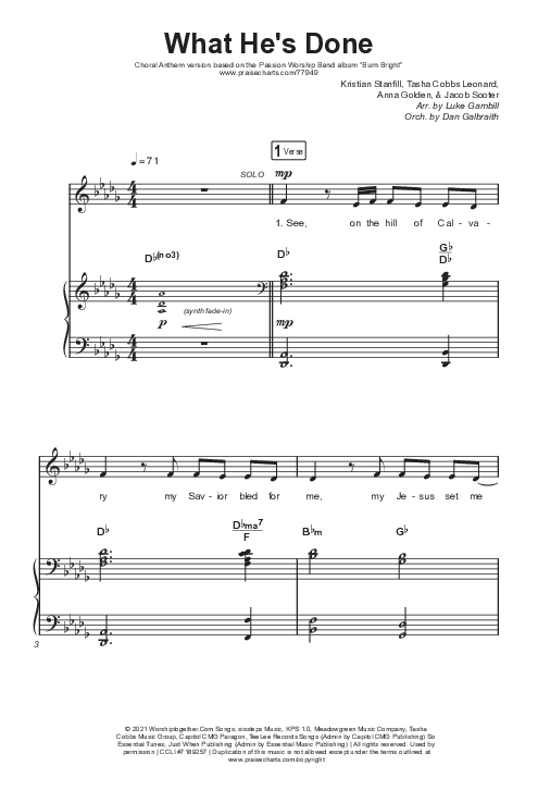 What He's Done (Choral Anthem SATB) Octavo (SATB & Pno) (Passion / Kristian Stanfill / Tasha Cobbs Leonard / Anna Golden / Arr. Luke Gambill)