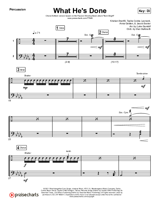 What He's Done (Choral Anthem SATB) Percussion (Passion / Kristian Stanfill / Tasha Cobbs Leonard / Anna Golden / Arr. Luke Gambill)