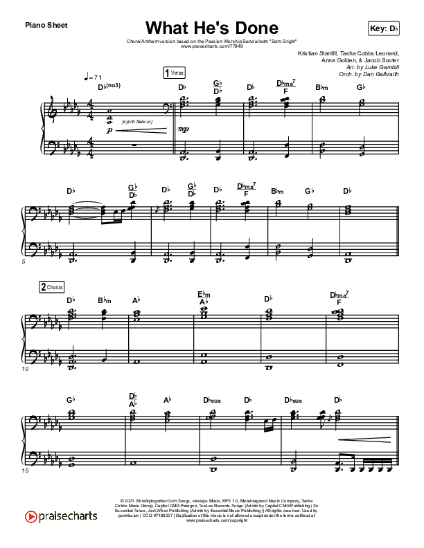 What He's Done (Choral Anthem SATB) Piano Sheet (Passion / Kristian Stanfill / Tasha Cobbs Leonard / Anna Golden / Arr. Luke Gambill)