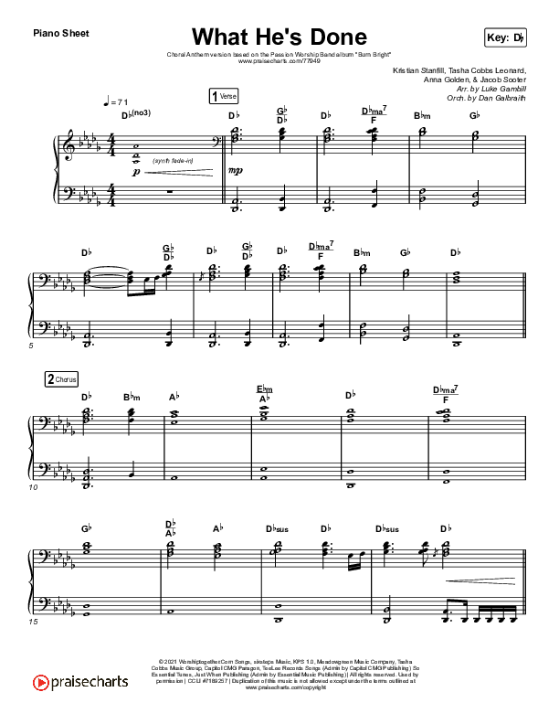What He's Done (Choral Anthem SATB) Piano Sheet (Passion / Kristian Stanfill / Tasha Cobbs Leonard / Anna Golden / Arr. Luke Gambill)