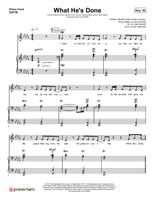 What He's Done (Choral Anthem SATB) Piano/Vocal Pack (Passion / Kristian Stanfill / Tasha Cobbs Leonard / Anna Golden / Arr. Luke Gambill)