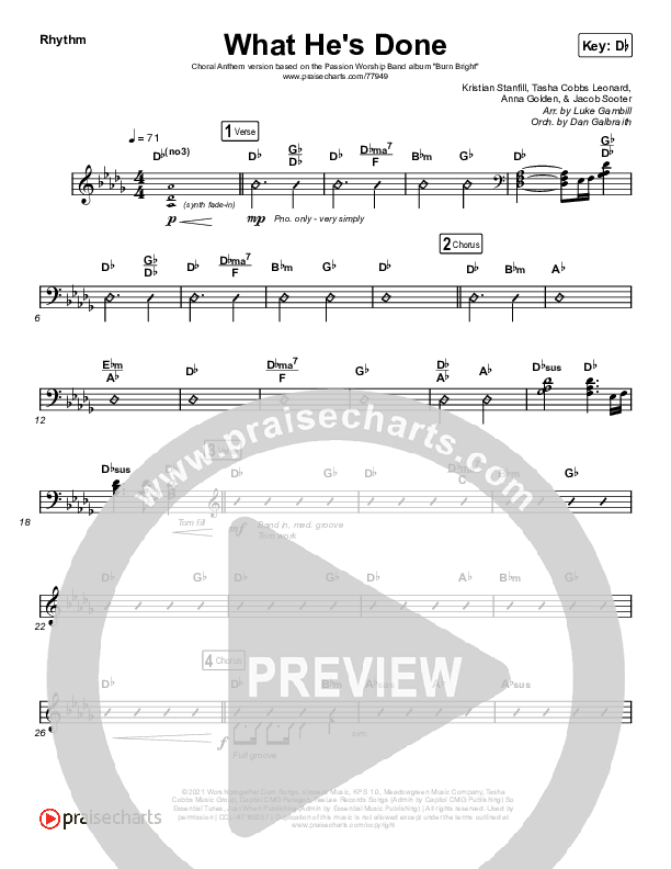 What He's Done (Choral Anthem SATB) Rhythm Chart (Passion / Kristian Stanfill / Tasha Cobbs Leonard / Anna Golden / Arr. Luke Gambill)