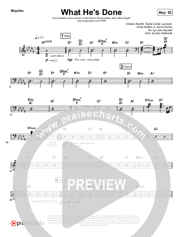 What He's Done (Choral Anthem SATB) Rhythm Chart (Passion / Kristian Stanfill / Tasha Cobbs Leonard / Anna Golden / Arr. Luke Gambill)