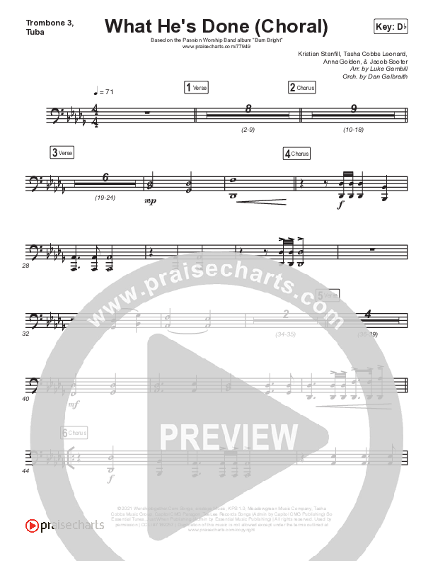 What He's Done (Choral Anthem SATB) Trombone 3/Tuba (Passion / Kristian Stanfill / Tasha Cobbs Leonard / Anna Golden / Arr. Luke Gambill)