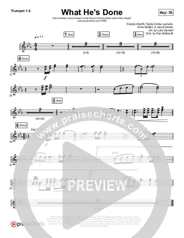 What He's Done (Choral Anthem SATB) Brass Pack (Passion / Kristian Stanfill / Tasha Cobbs Leonard / Anna Golden / Arr. Luke Gambill)