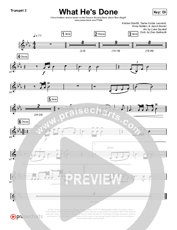 What He's Done (Choral Anthem SATB) Trumpet 3 (Passion / Kristian Stanfill / Tasha Cobbs Leonard / Anna Golden / Arr. Luke Gambill)