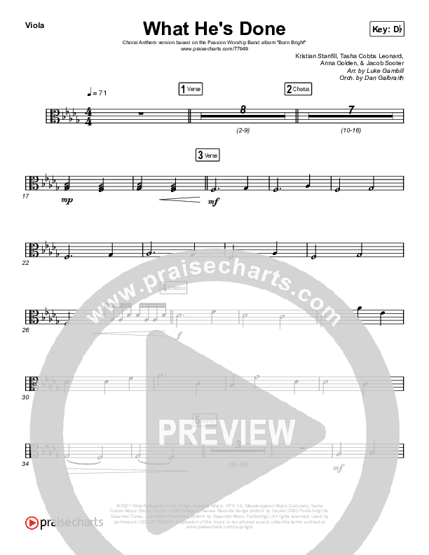 What He's Done (Choral Anthem SATB) Viola (Passion / Kristian Stanfill / Tasha Cobbs Leonard / Anna Golden / Arr. Luke Gambill)