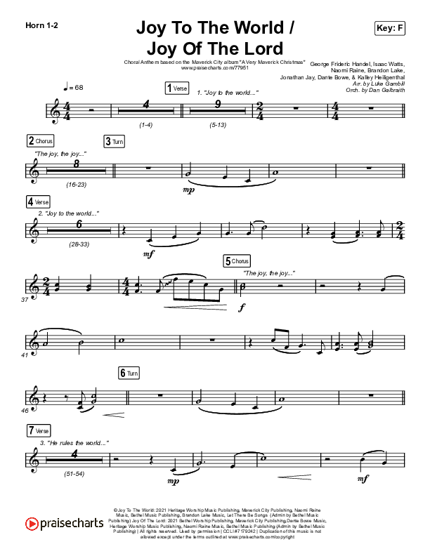 Joy To The World / Joy Of The Lord (Choral Anthem SATB) French Horn 1/2 (Maverick City Music / Naomi Raine / Todd Galberth / Arr. Luke Gambill)
