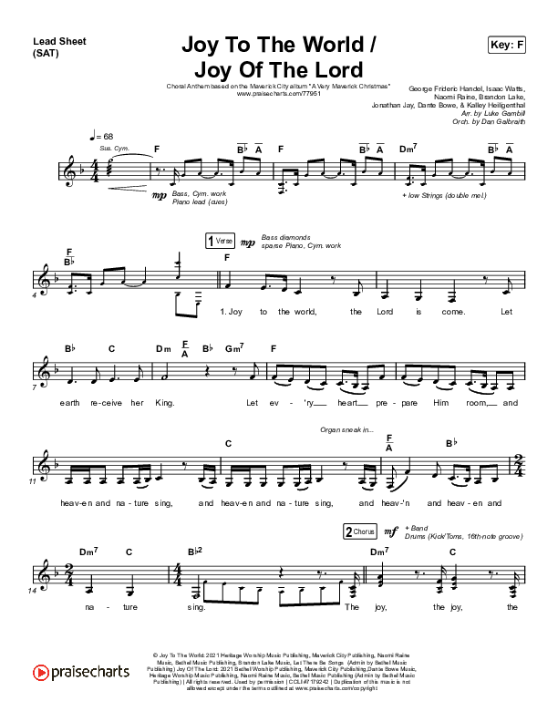 Joy To The World / Joy Of The Lord (Choral Anthem SATB) Lead Sheet (SAT) (Maverick City Music / Naomi Raine / Todd Galberth / Arr. Luke Gambill)