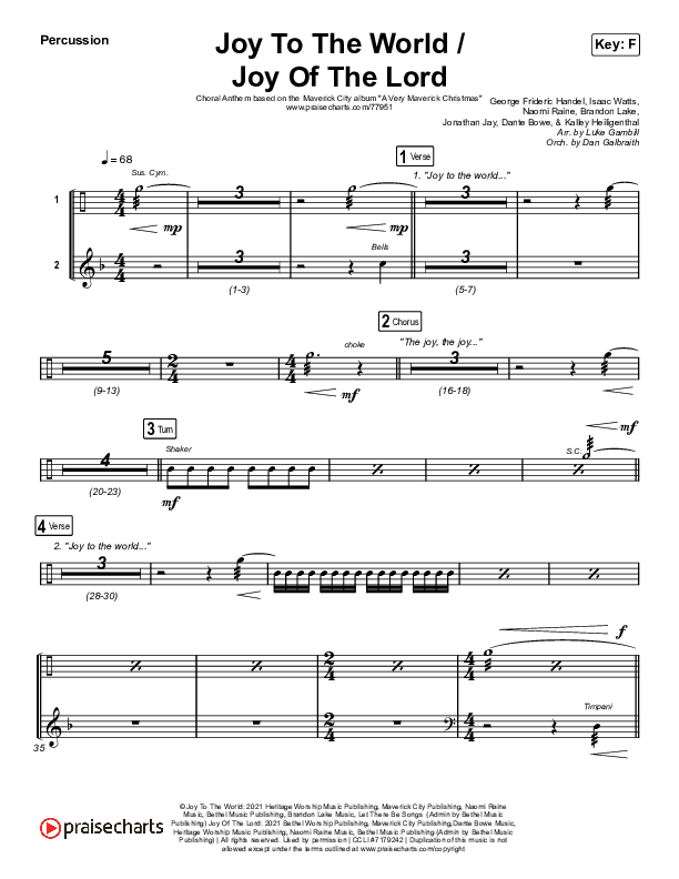 Joy To The World / Joy Of The Lord (Choral Anthem SATB) Percussion (Maverick City Music / Naomi Raine / Todd Galberth / Arr. Luke Gambill)