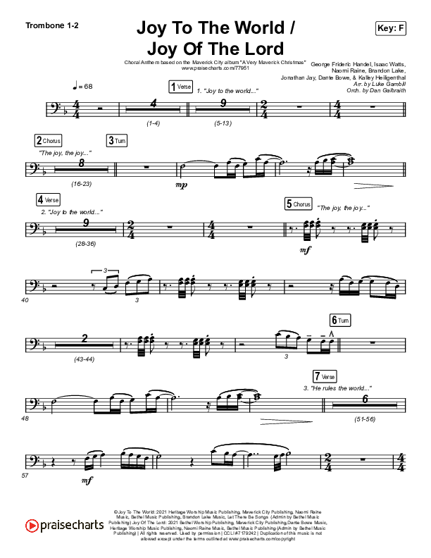 Joy To The World / Joy Of The Lord (Choral Anthem SATB) Trombone 1/2 (Maverick City Music / Naomi Raine / Todd Galberth / Arr. Luke Gambill)