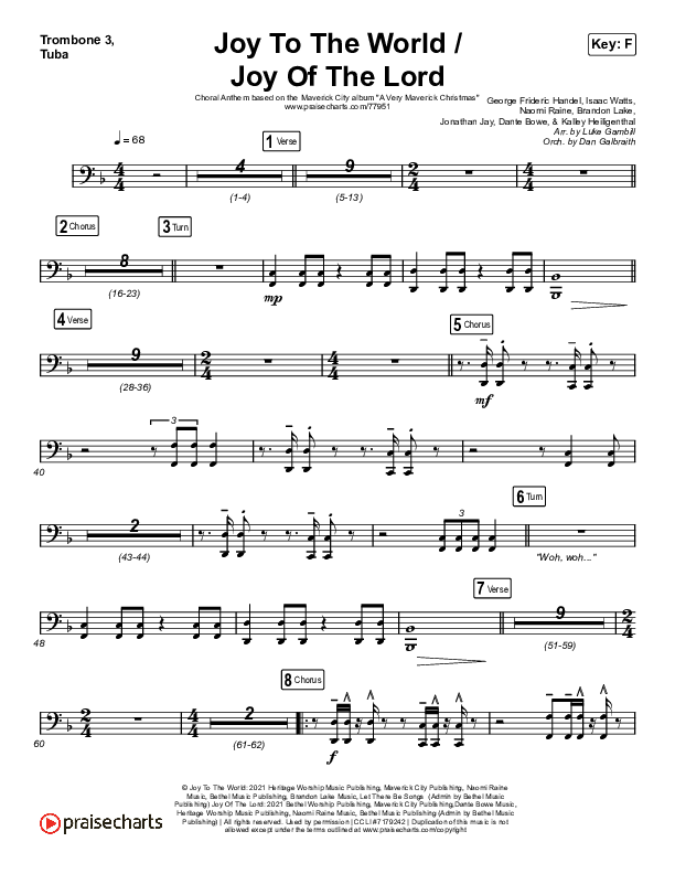 Joy To The World / Joy Of The Lord (Choral Anthem SATB) Trombone 3/Tuba (Maverick City Music / Naomi Raine / Todd Galberth / Arr. Luke Gambill)