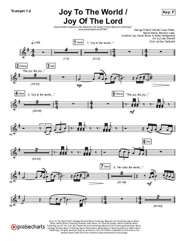 Joy To The World / Joy Of The Lord (Choral Anthem SATB) Trumpet 1,2 (Maverick City Music / Naomi Raine / Todd Galberth / Arr. Luke Gambill)