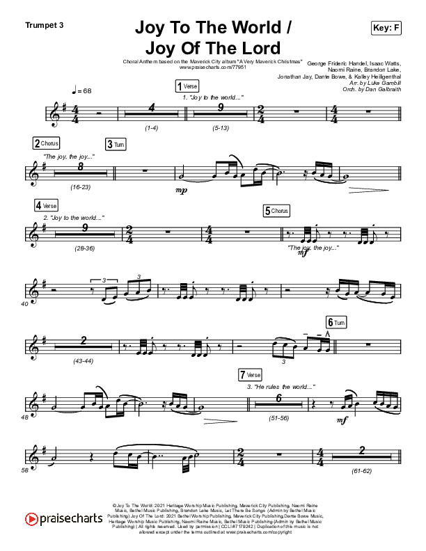 Joy To The World / Joy Of The Lord (Choral Anthem SATB) Trumpet 3 (Maverick City Music / Naomi Raine / Todd Galberth / Arr. Luke Gambill)