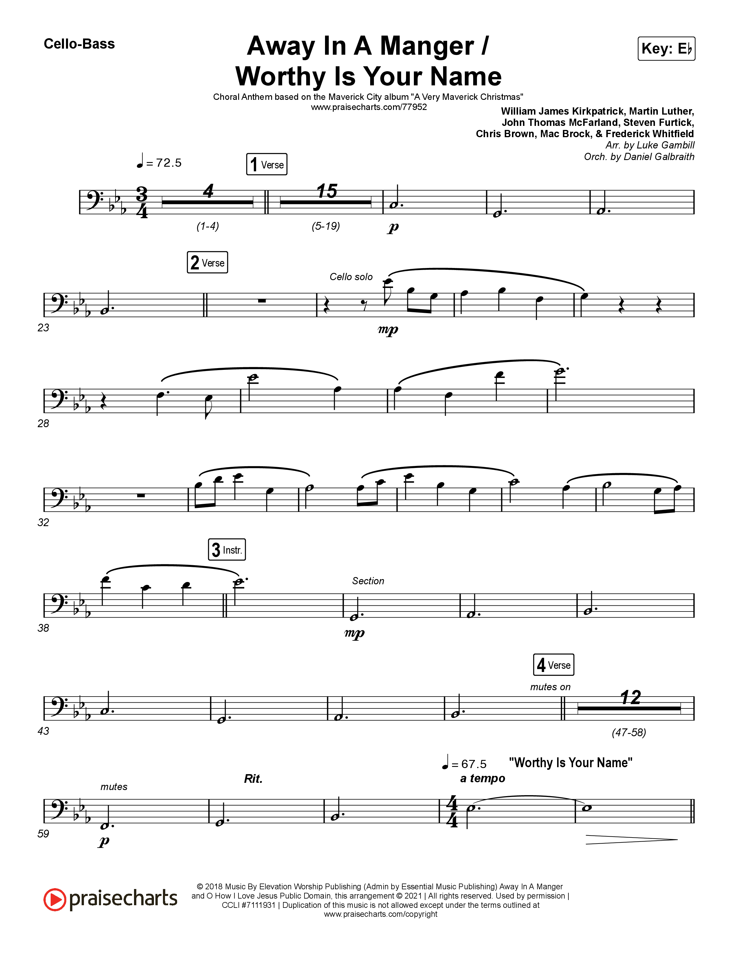 Away In A Manger / Worthy Is Your Name (Choral Anthem SATB) Cello/Bass (Maverick City Music / Chandler Moore / Kim Walker-Smith / Arr. Luke Gambill)