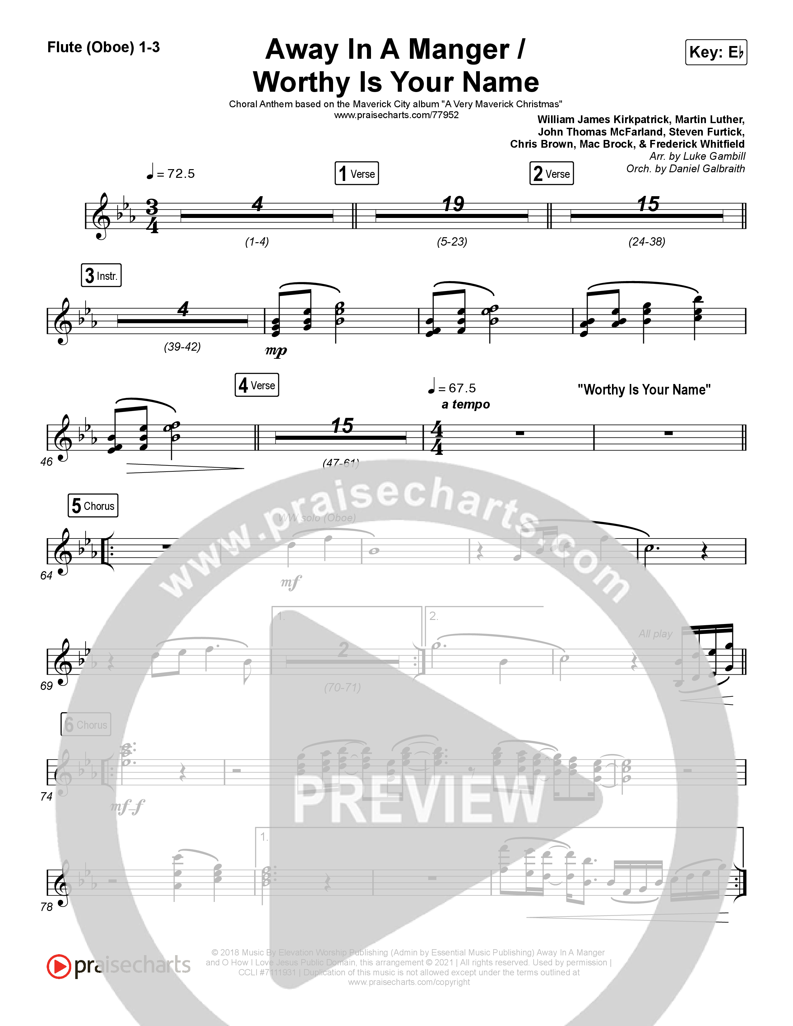 Away In A Manger / Worthy Is Your Name (Choral Anthem SATB) Flute/Oboe 1/2/3 (Maverick City Music / Chandler Moore / Kim Walker-Smith / Arr. Luke Gambill)