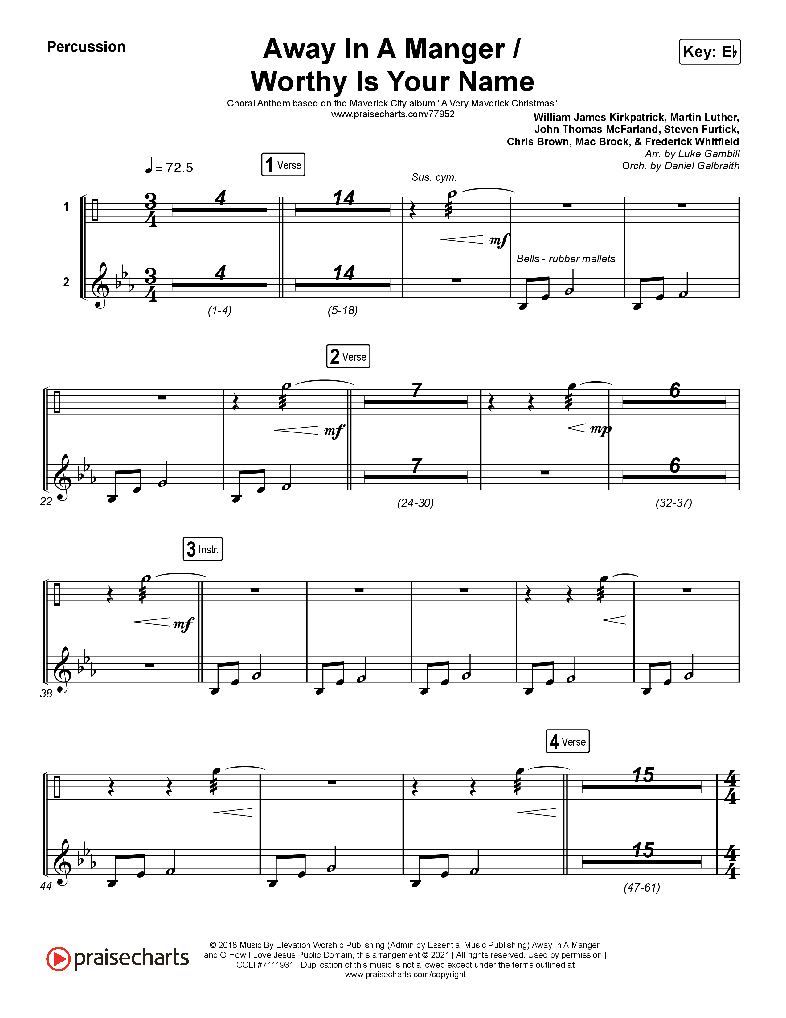 Away In A Manger / Worthy Is Your Name (Choral Anthem SATB) Percussion (Maverick City Music / Chandler Moore / Kim Walker-Smith / Arr. Luke Gambill)