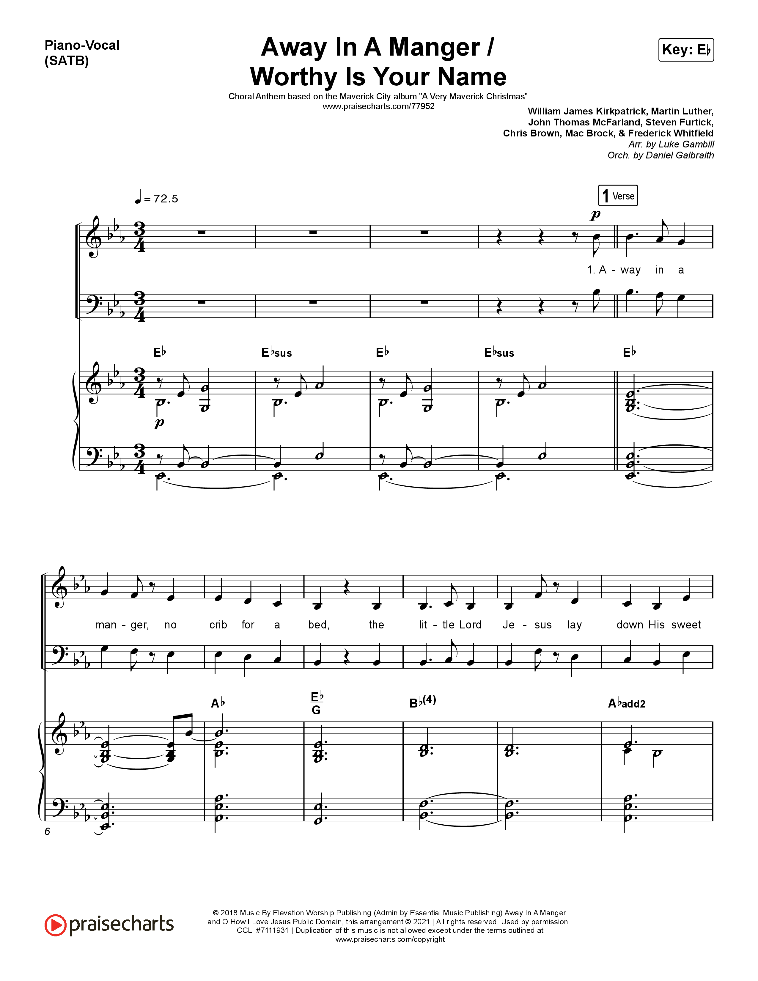 Away In A Manger / Worthy Is Your Name (Choral Anthem SATB) Piano/Vocal (SATB) (Maverick City Music / Chandler Moore / Kim Walker-Smith / Arr. Luke Gambill)