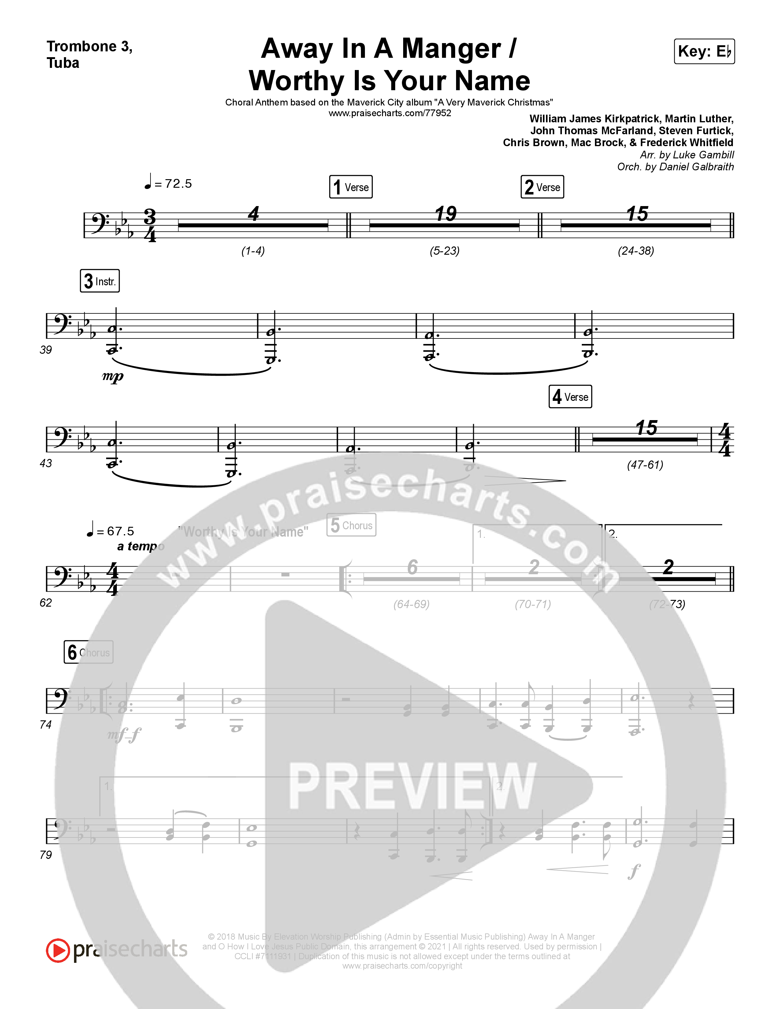 Away In A Manger / Worthy Is Your Name (Choral Anthem SATB) Trombone 3/Tuba (Maverick City Music / Chandler Moore / Kim Walker-Smith / Arr. Luke Gambill)