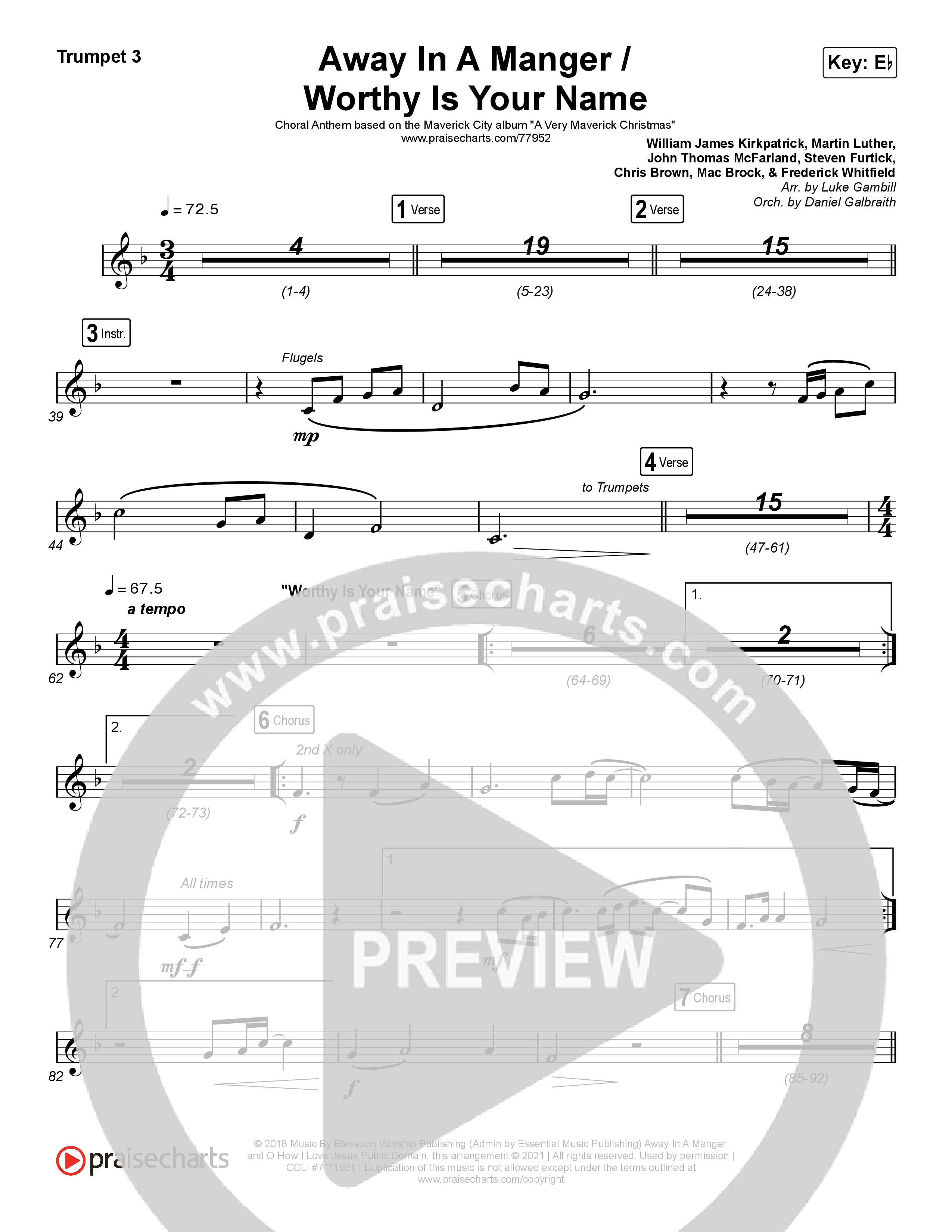 Away In A Manger / Worthy Is Your Name (Choral Anthem SATB) Trumpet 3 (Maverick City Music / Chandler Moore / Kim Walker-Smith / Arr. Luke Gambill)