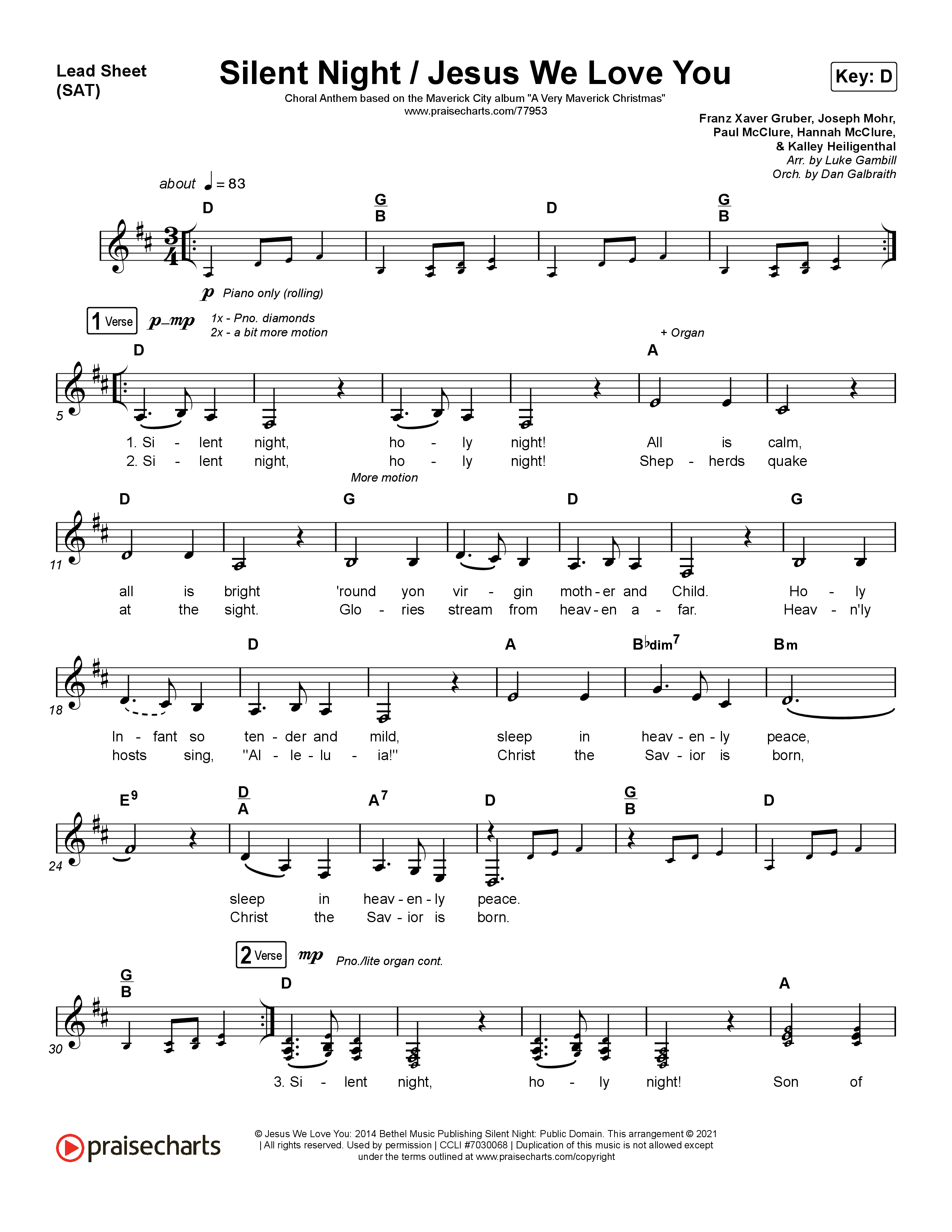 Silent Night / Jesus We Love You (Choral Anthem SATB) Lead Sheet (SAT) (Maverick City Music / Brandon Lake / Kim Walker-Smith / Phil Wickham / Arr. Luke Gambill)