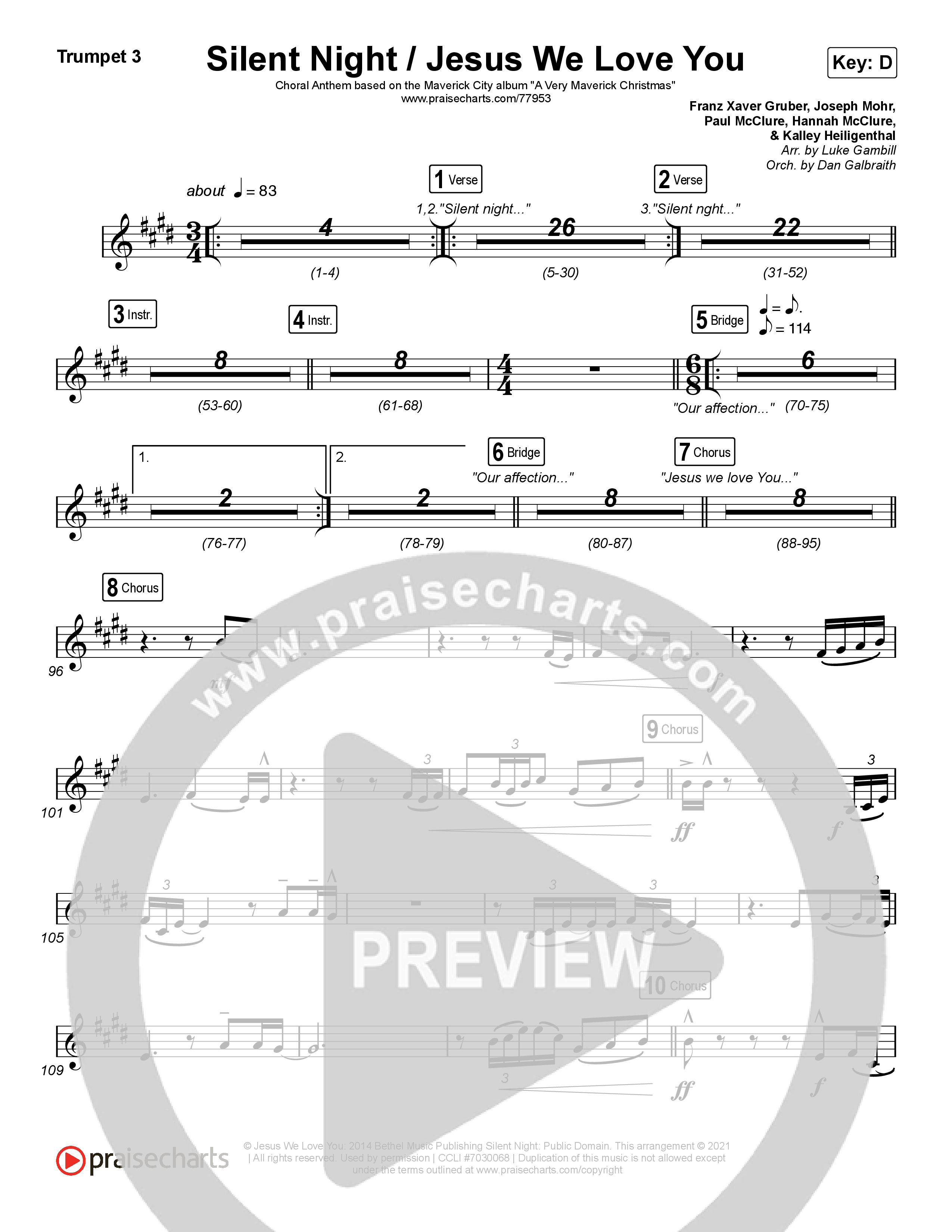 Silent Night / Jesus We Love You (Choral Anthem SATB) Trumpet 1,2 (Maverick City Music / Brandon Lake / Kim Walker-Smith / Phil Wickham / Arr. Luke Gambill)