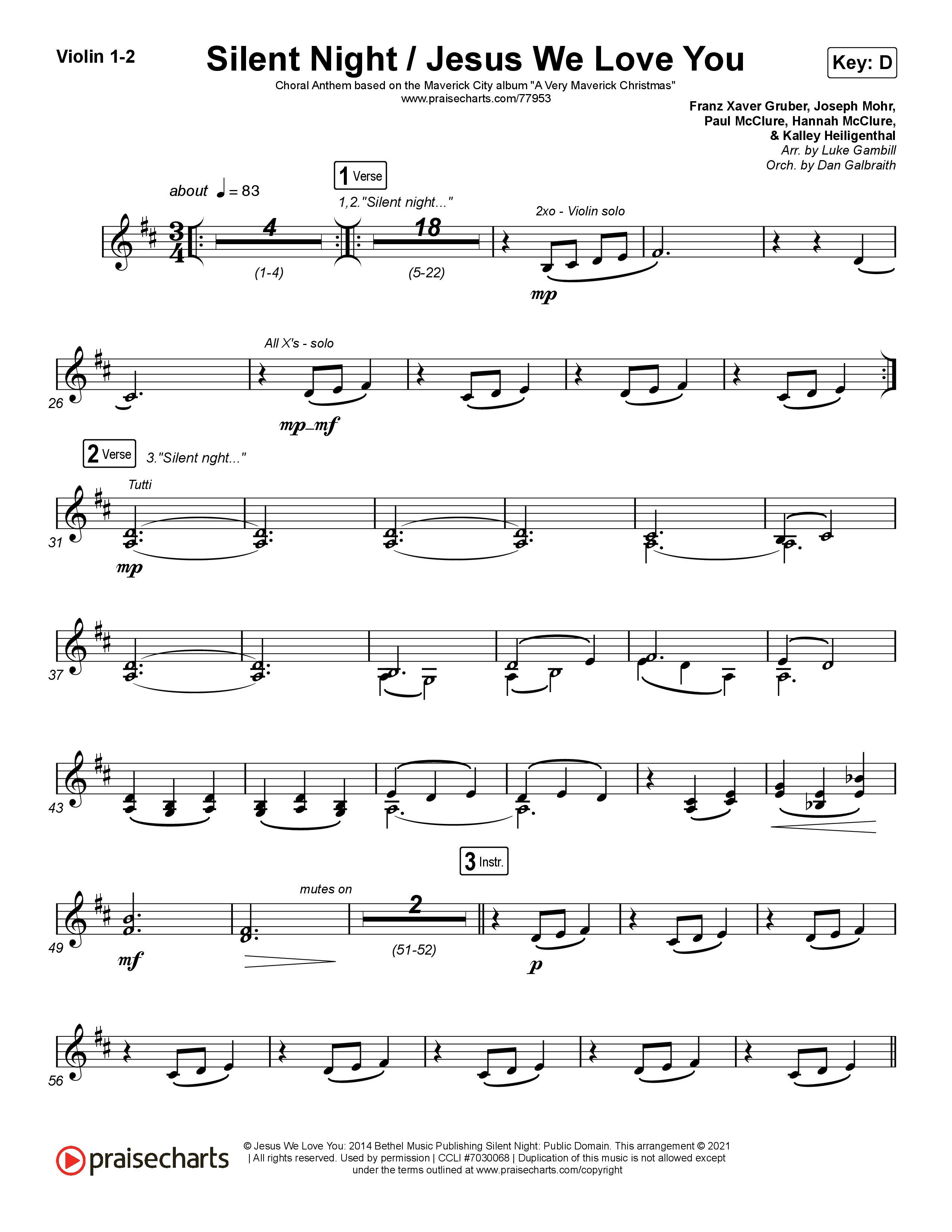 Silent Night / Jesus We Love You (Choral Anthem SATB) Violin 1,2 (Maverick City Music / Brandon Lake / Kim Walker-Smith / Phil Wickham / Arr. Luke Gambill)