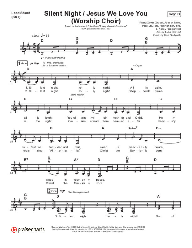 Silent Night / Jesus We Love You (Choral Anthem SATB) Lead Sheet (SAT) (Maverick City Music / Brandon Lake / Kim Walker-Smith / Phil Wickham / Arr. Luke Gambill)