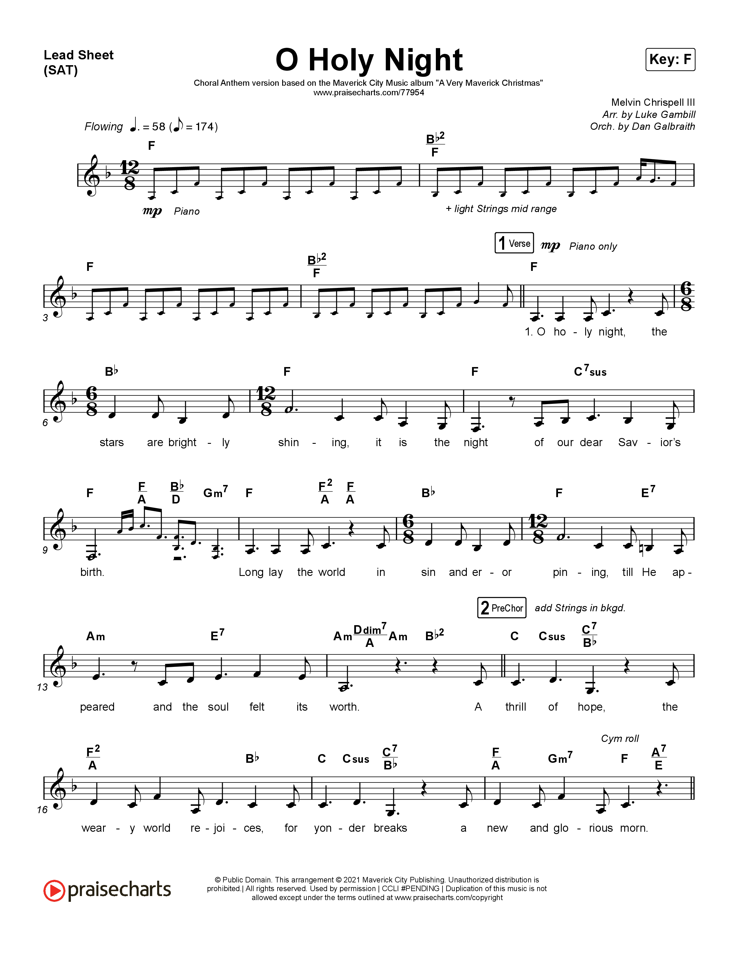 O Holy Night (Choral Anthem SATB) Lead Sheet (SAT) (Arr. Luke Gambill / Maverick City Music / Melvin Chrispell III)