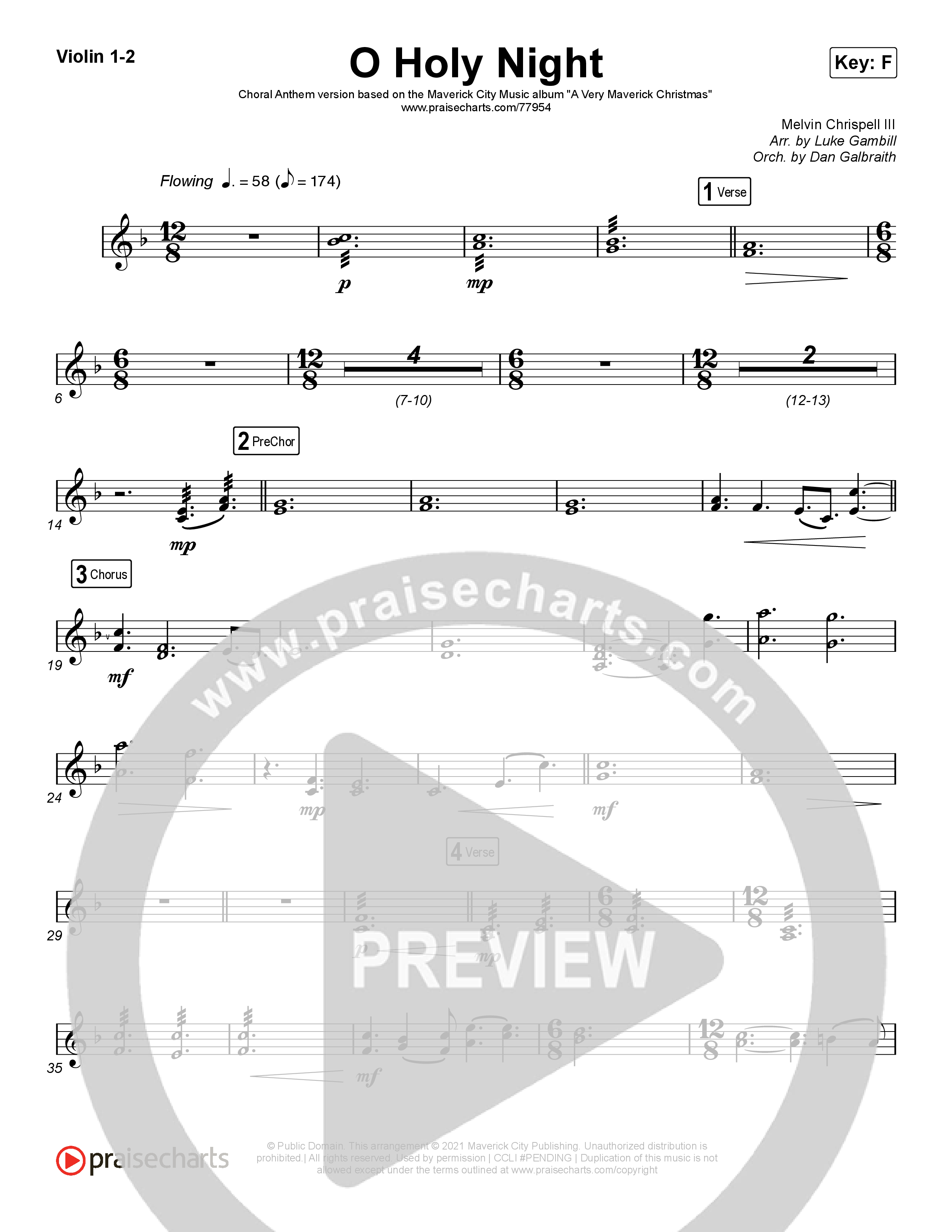 O Holy Night (Choral Anthem SATB) Violin 1/2 (Arr. Luke Gambill / Maverick City Music / Melvin Chrispell III)