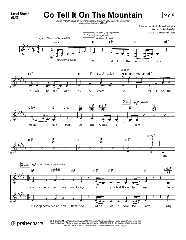 Go Tell It On The Mountain (Choral Anthem SATB) Lead Sheet (SAT) (Arr. Luke Gambill / Maverick City Music / Melvin Chrispell III / Chandler Moore)