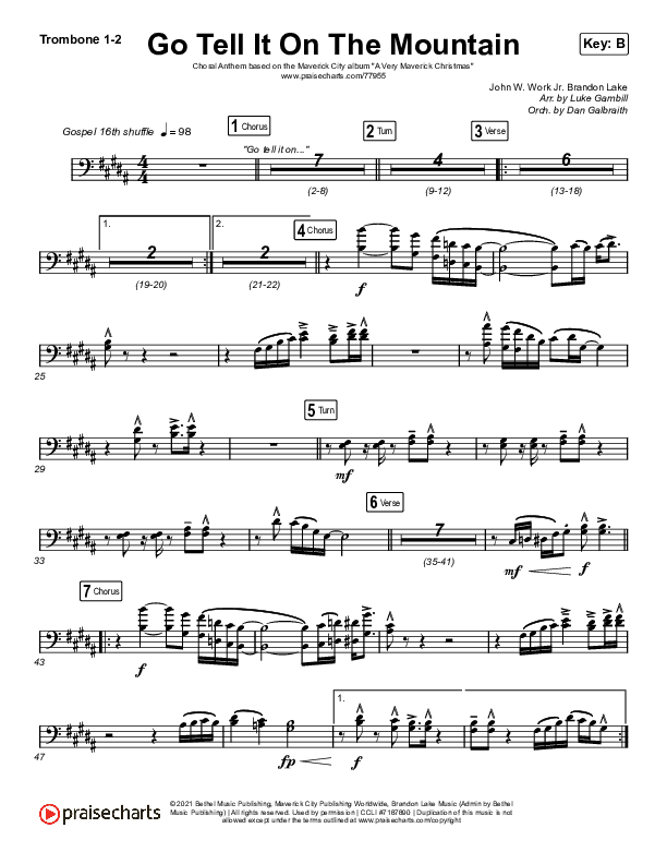 Go Tell It On The Mountain (Choral Anthem SATB) Trombone 1/2 (Arr. Luke Gambill / Maverick City Music / Melvin Chrispell III / Chandler Moore)