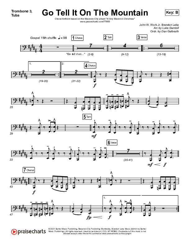 Go Tell It On The Mountain (Choral Anthem SATB) Trombone 3/Tuba (Arr. Luke Gambill / Maverick City Music / Melvin Chrispell III / Chandler Moore)