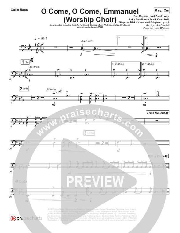 O Come O Come Emmanuel (Choral Anthem SATB) Cello/Bass (Arr. Luke Gambill / for KING & COUNTRY)
