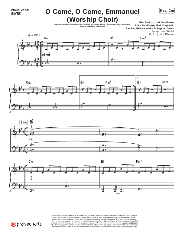 O Come O Come Emmanuel (Choral Anthem SATB) Piano/Vocal Pack (Arr. Luke Gambill / for KING & COUNTRY)