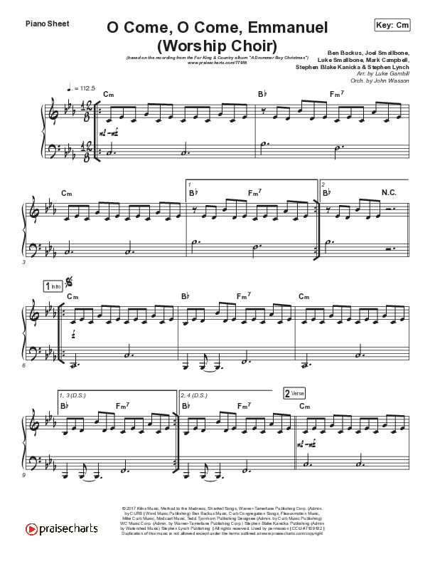 O Come O Come Emmanuel (Choral Anthem SATB) Piano Sheet (Arr. Luke Gambill / for KING & COUNTRY)