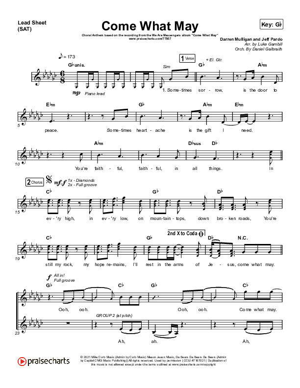 Come What May (Choral Anthem SATB) Lead Sheet (SAT) (We Are Messengers / Arr. Luke Gambill)