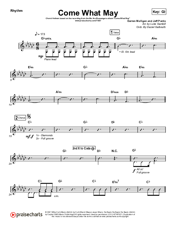 Come What May (Choral Anthem SATB) Rhythm Chart (We Are Messengers / Arr. Luke Gambill)