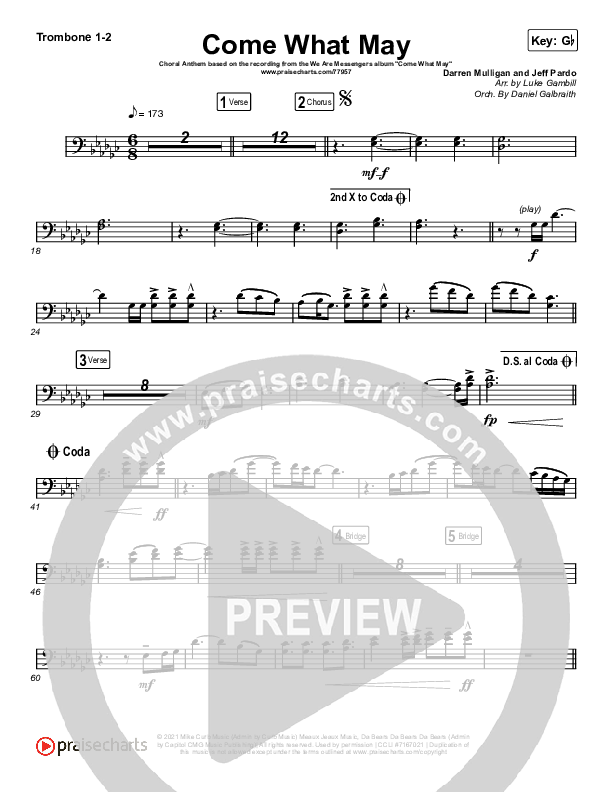 Come What May (Choral Anthem SATB) Trombone 1/2 (We Are Messengers / Arr. Luke Gambill)