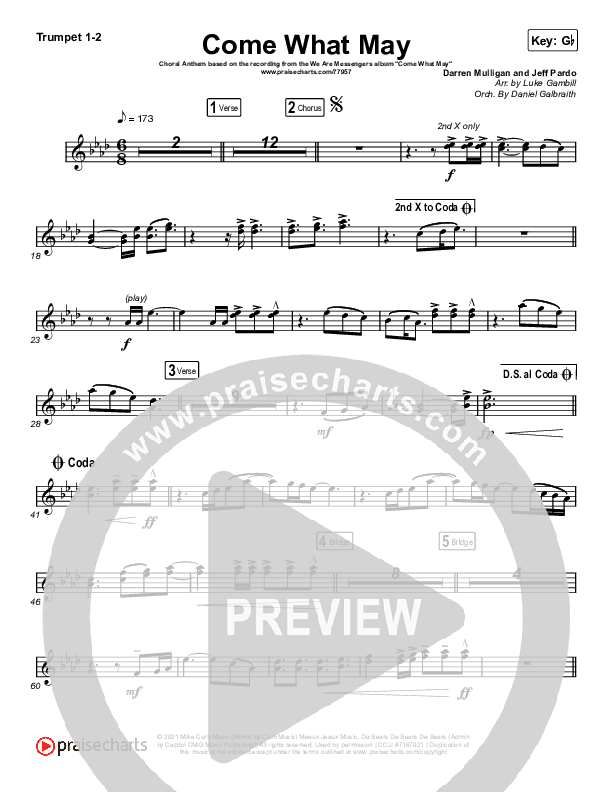 Come What May (Choral Anthem SATB) Trumpet 1,2 (We Are Messengers / Arr. Luke Gambill)