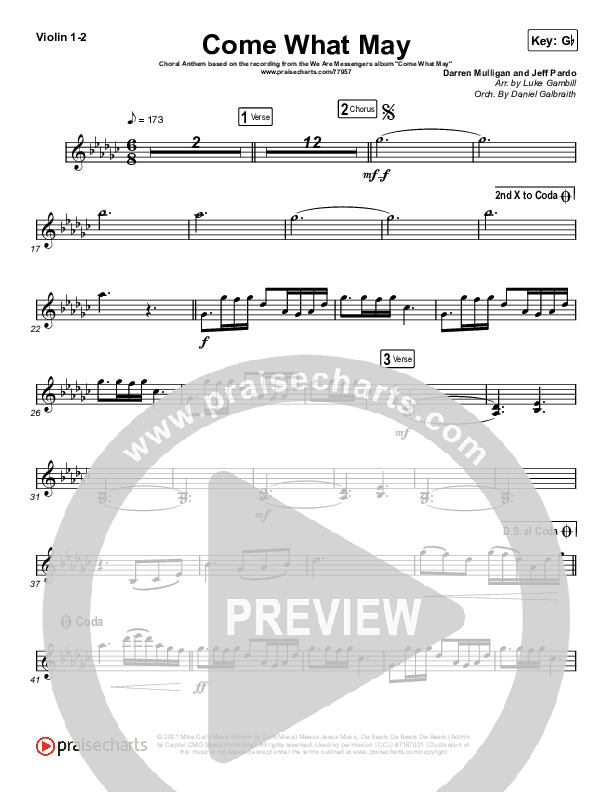Come What May (Choral Anthem SATB) Violin 1/2 (We Are Messengers / Arr. Luke Gambill)