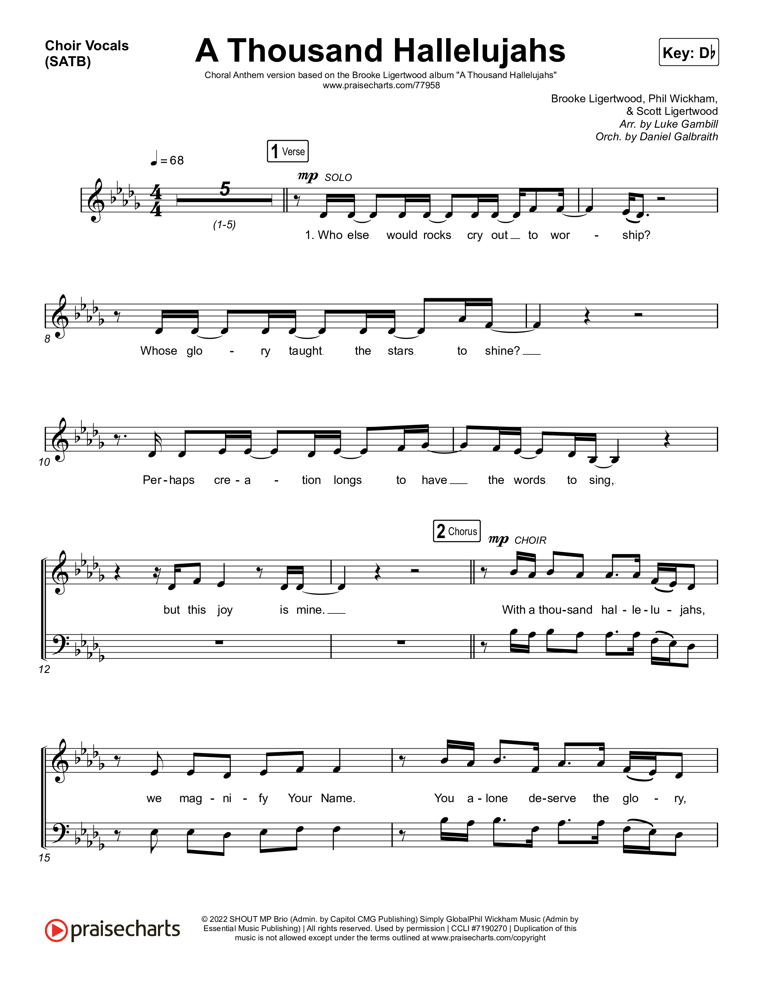 A Thousand Hallelujahs (Choral Anthem SATB) Choir Sheet (SATB) (Brooke Ligertwood / Arr. Luke Gambill)