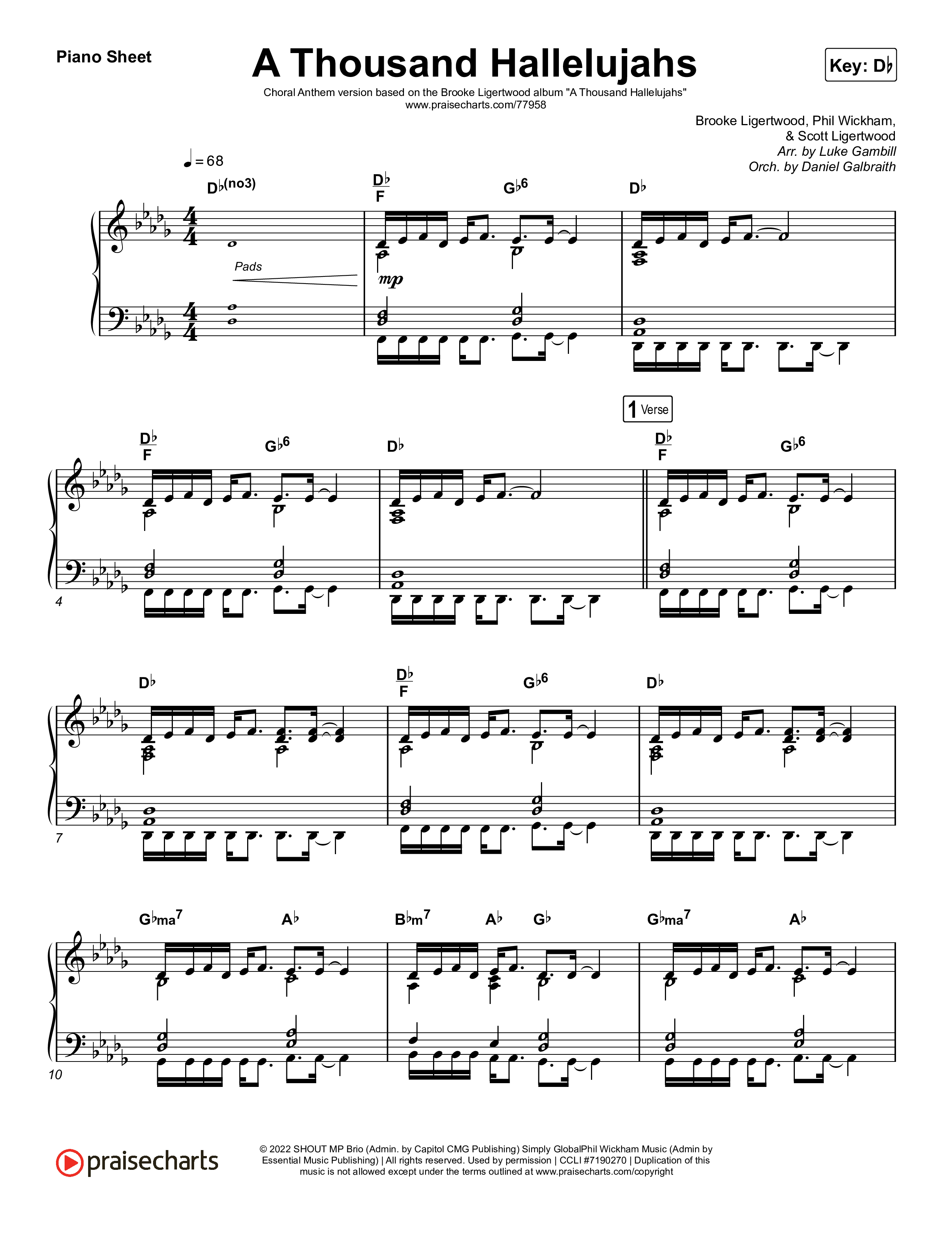A Thousand Hallelujahs (Choral Anthem SATB) Piano Sheet (Brooke Ligertwood / Arr. Luke Gambill)